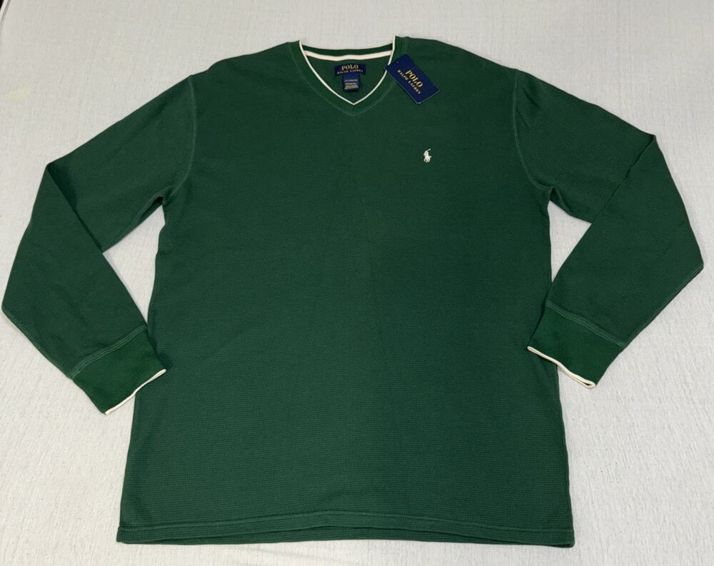 Polo Ralph Lauren Men's Green Waffle Knit V-Neck Long Sleeve Shirt Size 2XL NWT